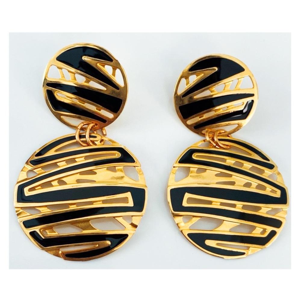 Edgar Berebi Vintage Gold Plated Black Enamel Round Dangle Earrings